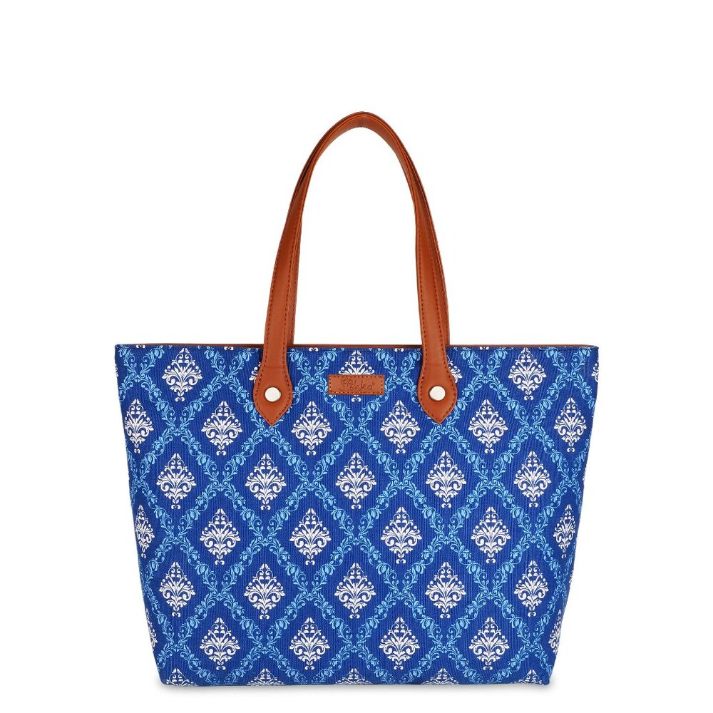 Hand Crafted Printed Blue Fabric Ladies Shoulder Tote Bag, Top Handle Bag